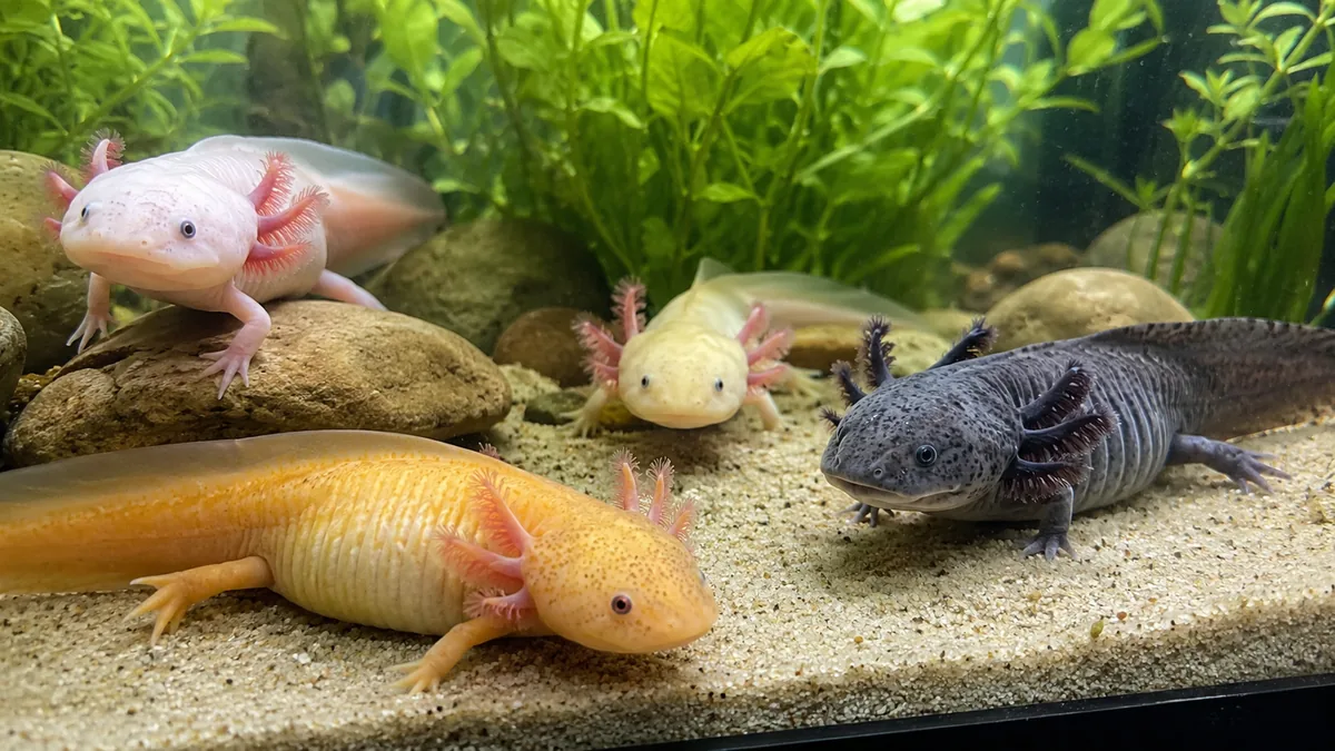 Leucistic, golden albino, wild type and melanoid axolotl color morphs together in an aquarium