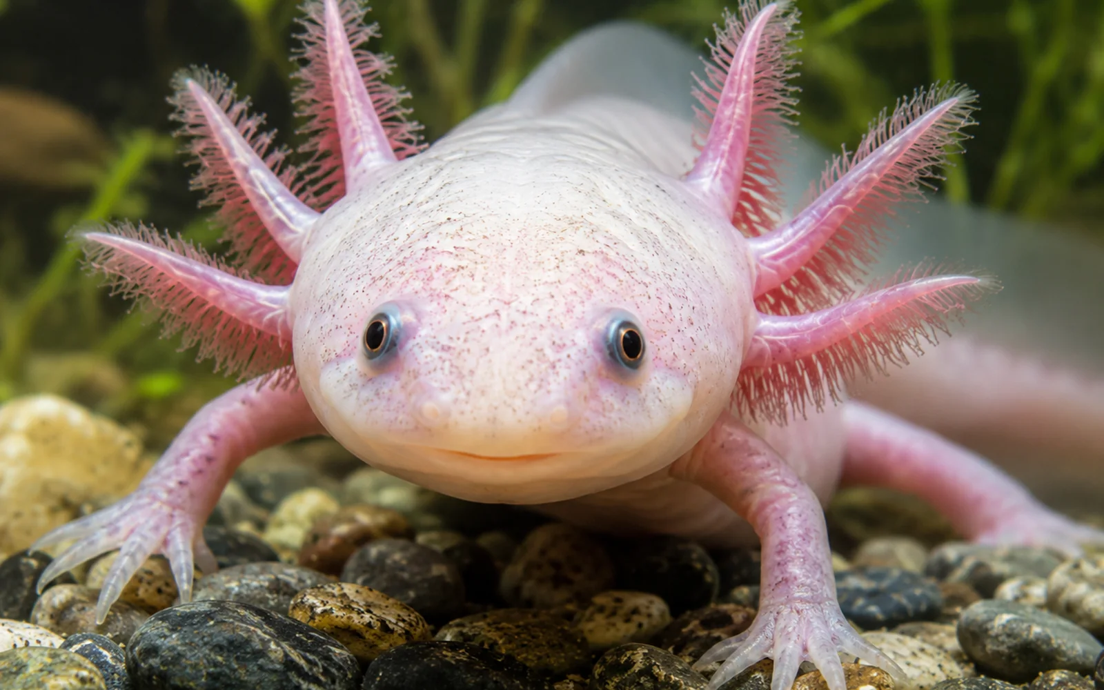 Realistic image of a healthy axolotl resting in a cool planted aquarium