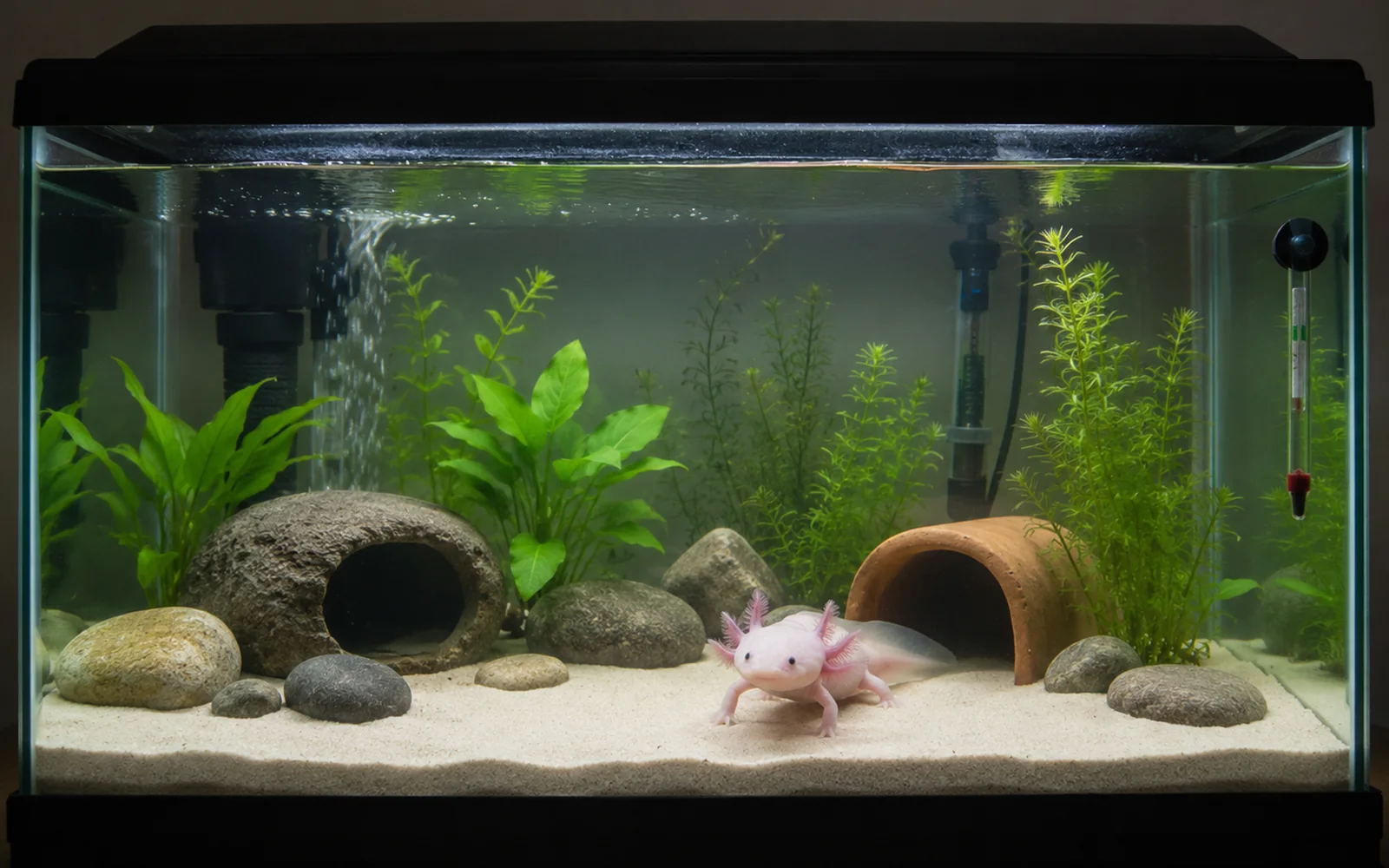 Realistic cycled axolotl aquarium with filter, hides and clean water