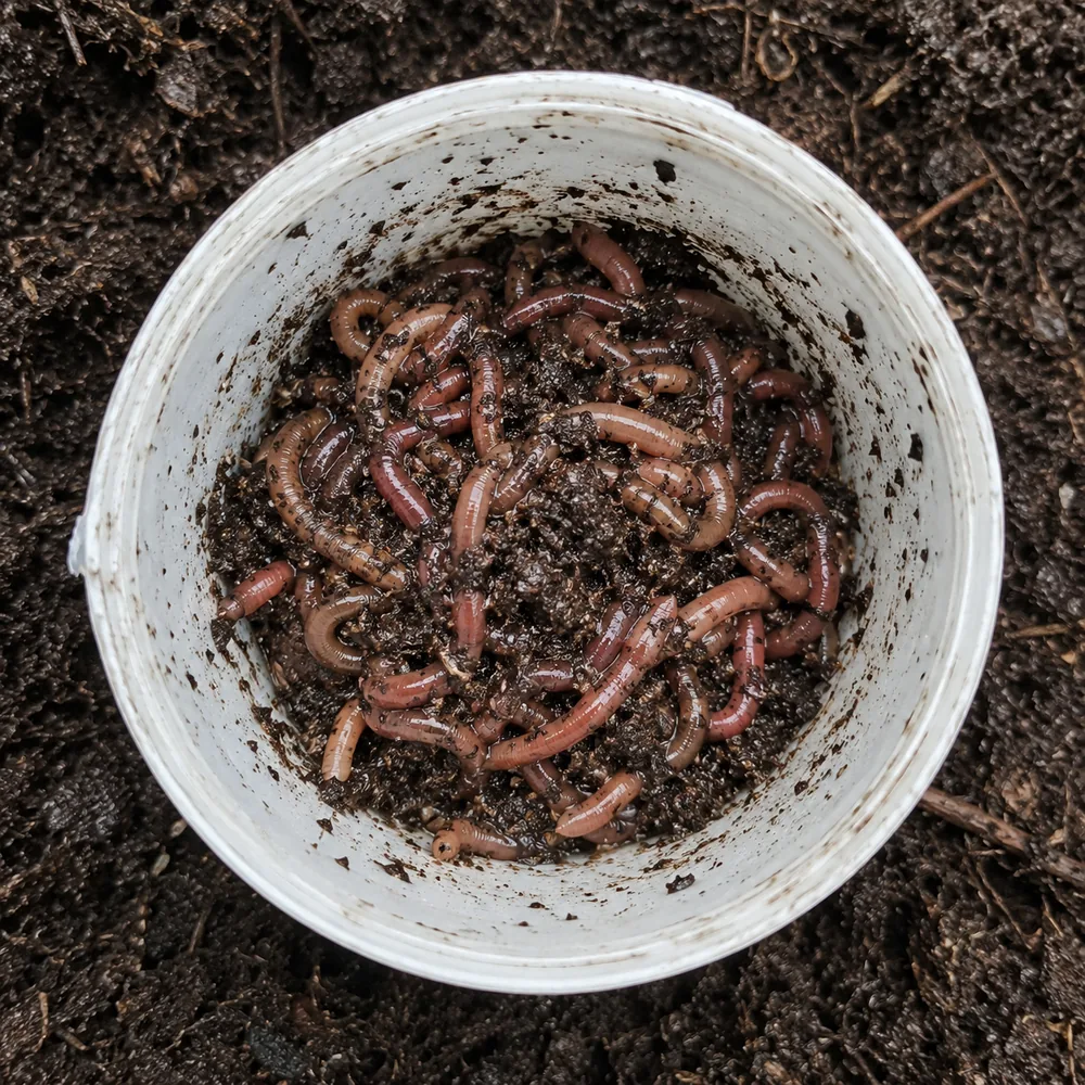 Live earthworms in a container, a staple food for axolotls