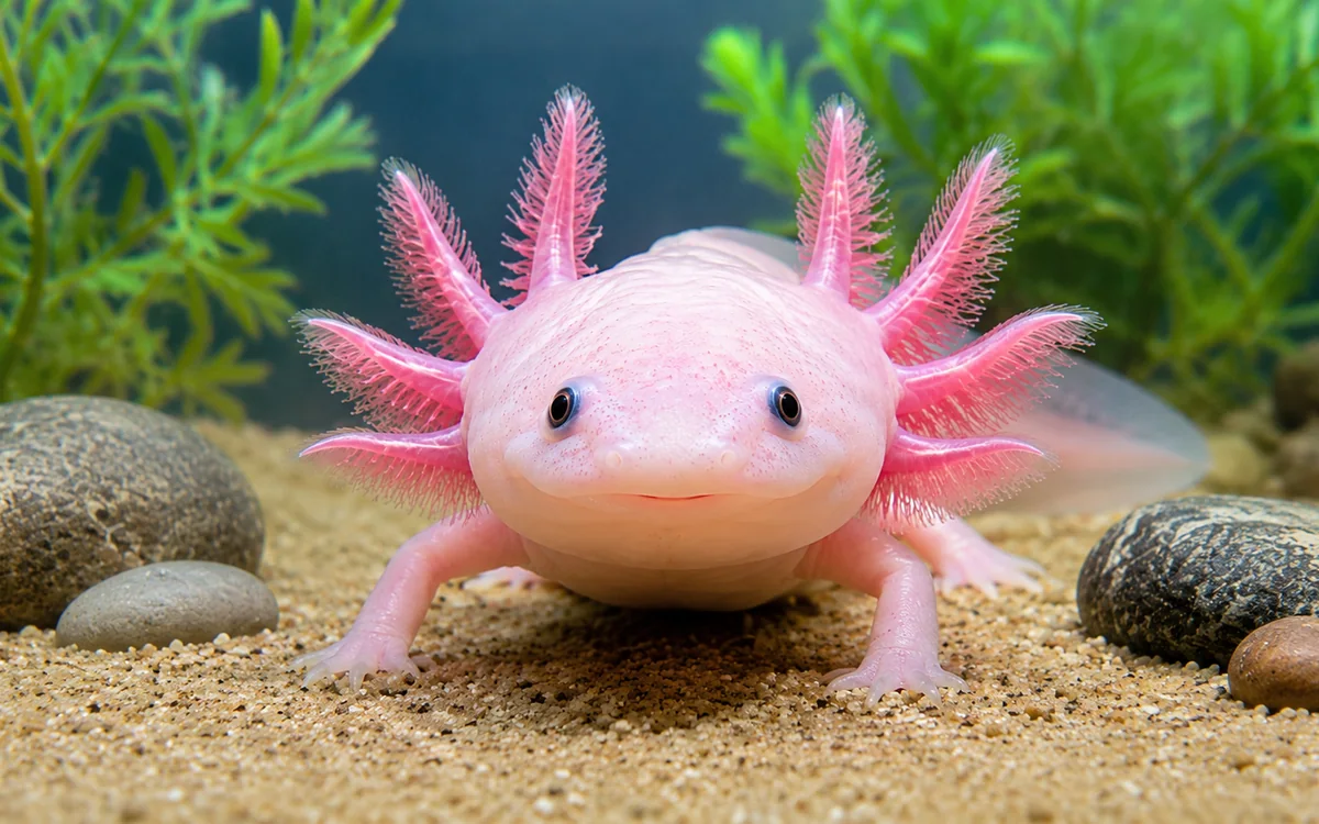 Realistic close-up image of a leucistic axolotl with external gills