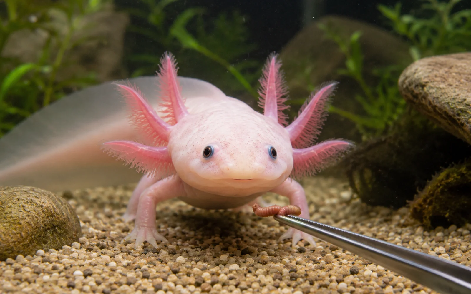 Realistic axolotl being fed in a clean aquarium with feeding tongs