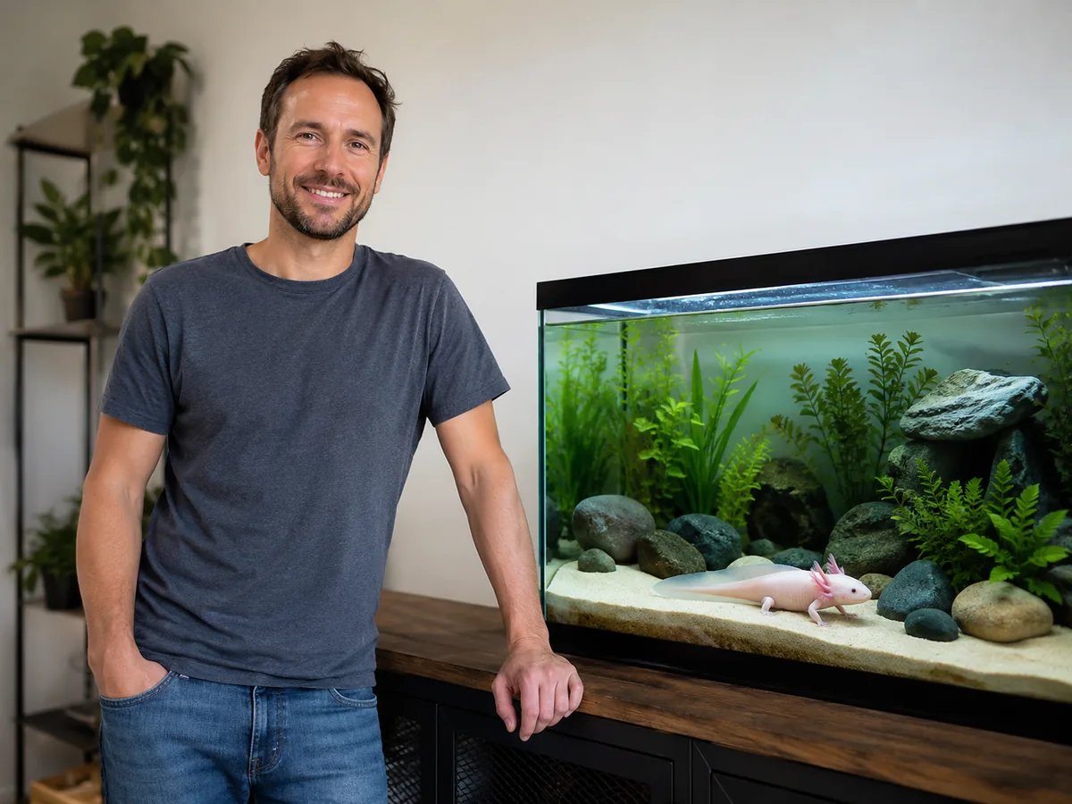 Kris Birdsong standing beside his planted axolotl aquarium with a leucistic axolotl