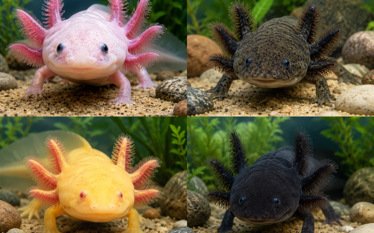 Realistic axolotls showing leucistic, wild type, golden and melanoid color morphs