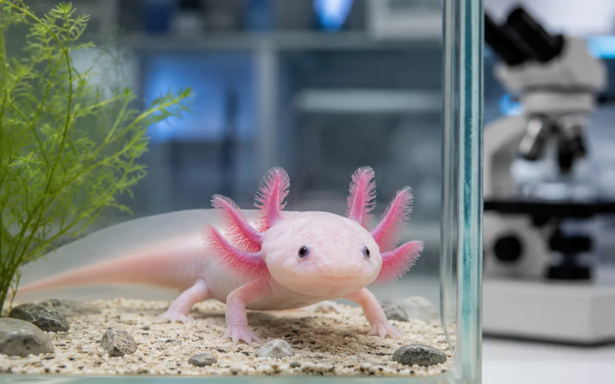 Realistic axolotl in a clean scientific aquarium setting