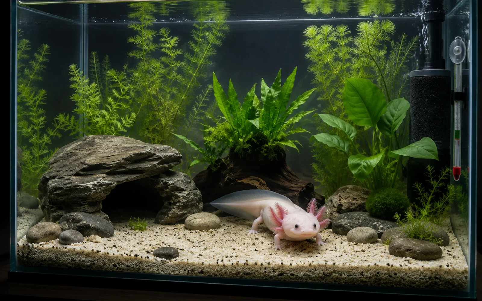 Realistic axolotl aquarium setup with smooth hides, plants and open floor space