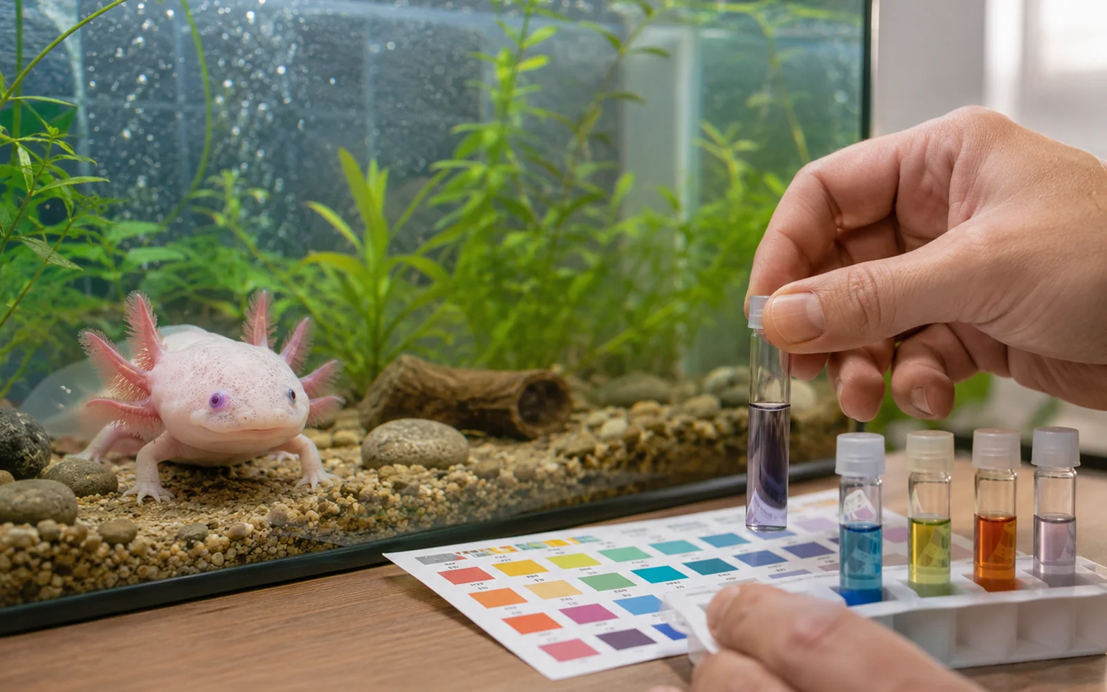 Realistic aquarium water test kit beside a clean axolotl tank